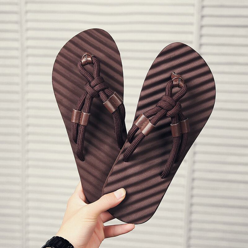 Mænd Åndbare Vævede Snørebånd Blød Bund Skridsikre Behagelige Flip Flops Casual Hjemmesko