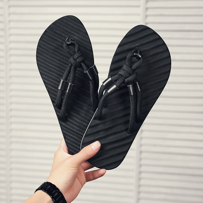 Mænd Åndbare Vævede Snørebånd Blød Bund Skridsikre Behagelige Flip Flops Casual Hjemmesko