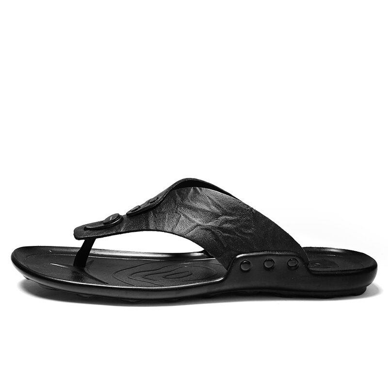 Mænd Læder Åndbar Blød Sål Skridsikker Behagelig Udendørs Flip Flops Casual Hjemmesko