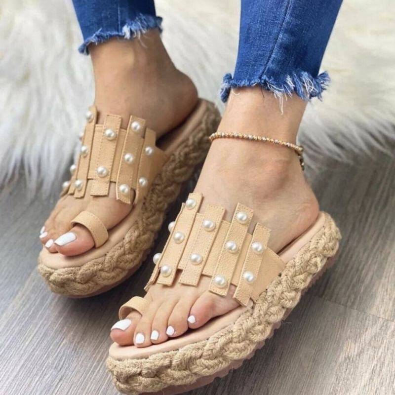 Plus Size Kvinder Casual Sommer Strandferie Perler Dekoration Espadriller Platforme Tommelfinger Hjemmesko