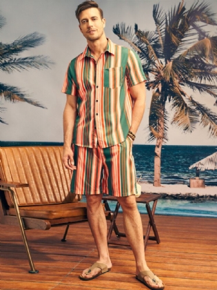Mænd Kontraststribet Print Enkellomme Hawaii Style Knapper To Stykker Outfits