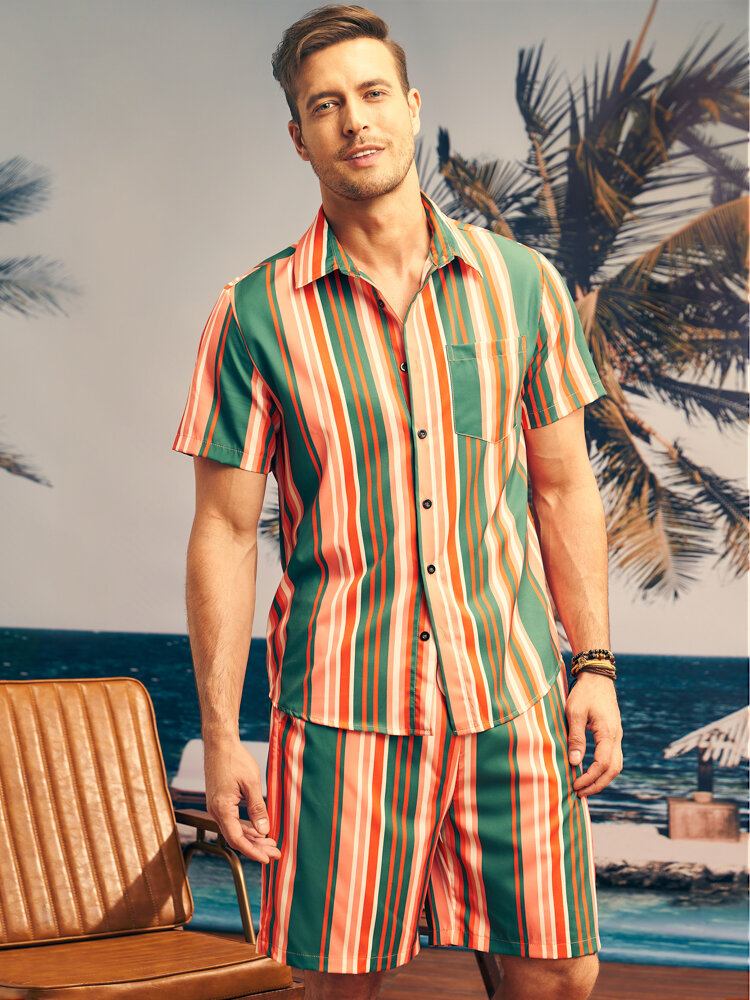 Mænd Kontraststribet Print Enkellomme Hawaii Style Knapper To Stykker Outfits