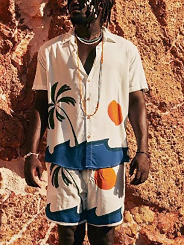 Mænd Sunset Beach Print Skjorter Button Down Shorts Skjorte Sæt