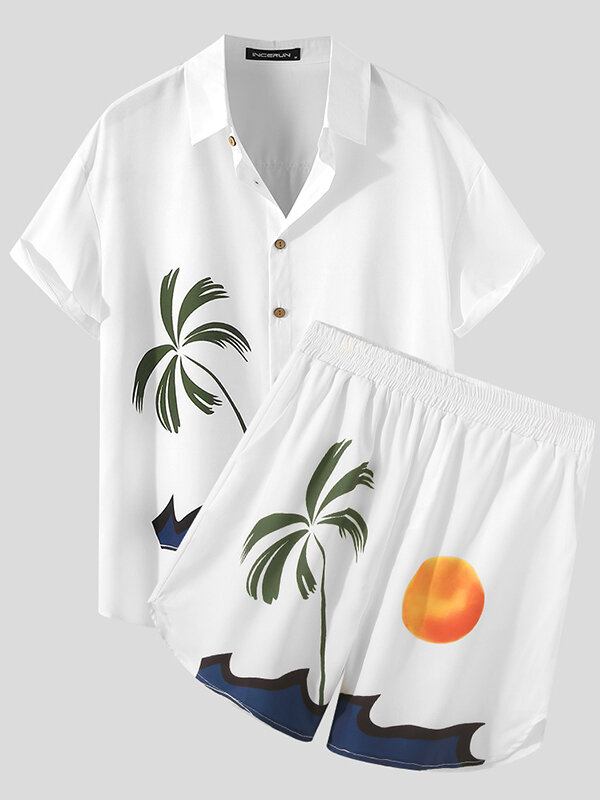 Mænd Sunset Beach Print Skjorter Button Down Shorts Skjorte Sæt