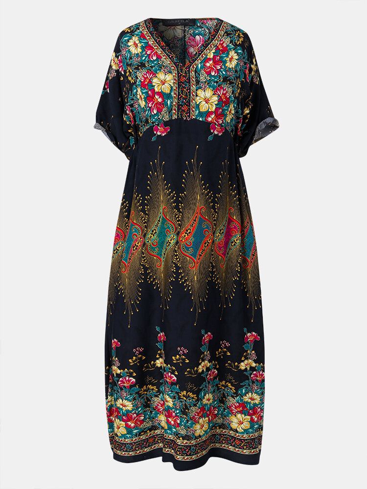 Bohemian Etnic Floral Print V-hals Lomme Halværmet Casual Dress For Damer