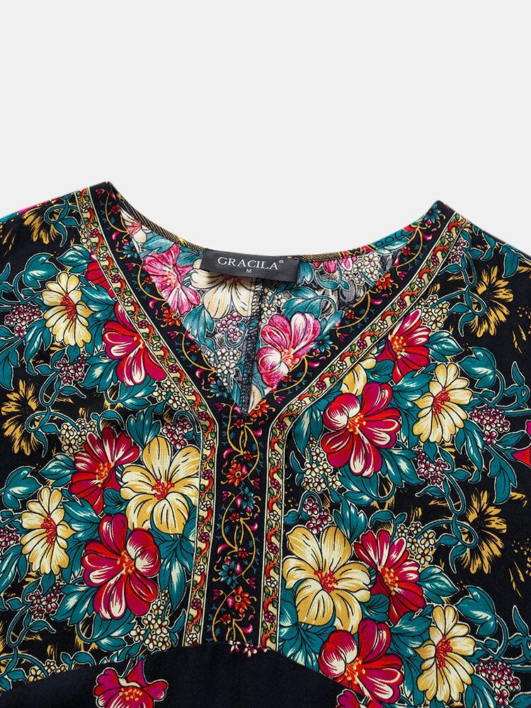 Bohemian Etnic Floral Print V-hals Lomme Halværmet Casual Dress For Damer