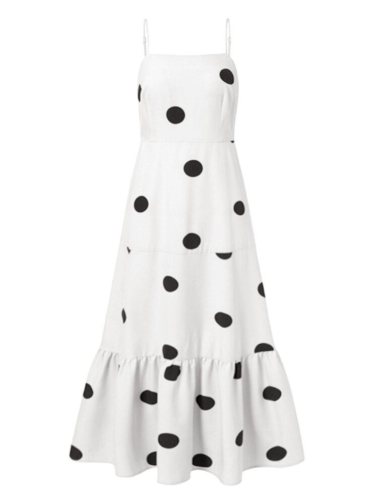 Bohemian Polka Dot Print Ærmeløse Stropper Plissering Holiday Casual Maxikjole