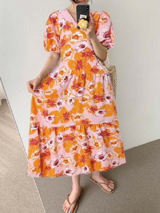 Bohemian Puff Sleeve Blomster Splejsning V-hals Fritid Maxi Løs Kjole Til Damer