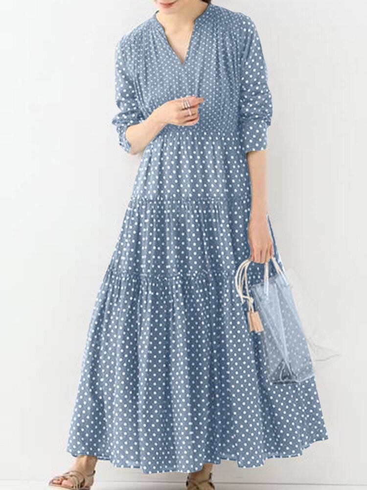 Bohemian Vintage Polka Dot Print V-hals Langærmet Holiday Casual Maxikjole