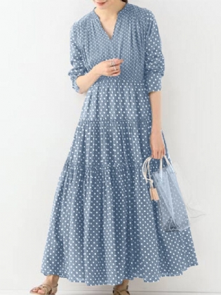 Bohemian Vintage Polka Dot Print V-hals Langærmet Holiday Casual Maxikjole