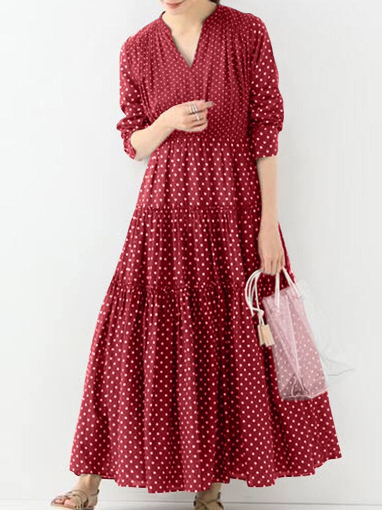 Bohemian Vintage Polka Dot Print V-hals Langærmet Holiday Casual Maxikjole