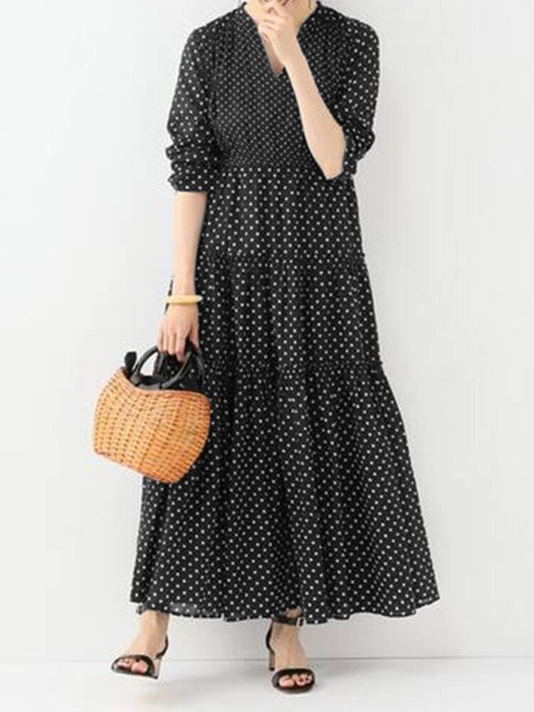 Bohemian Vintage Polka Dot Print V-hals Langærmet Holiday Casual Maxikjole