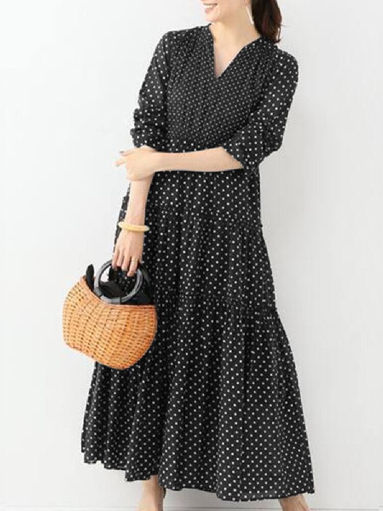 Bohemian Vintage Polka Dot Print V-hals Langærmet Holiday Casual Maxikjole