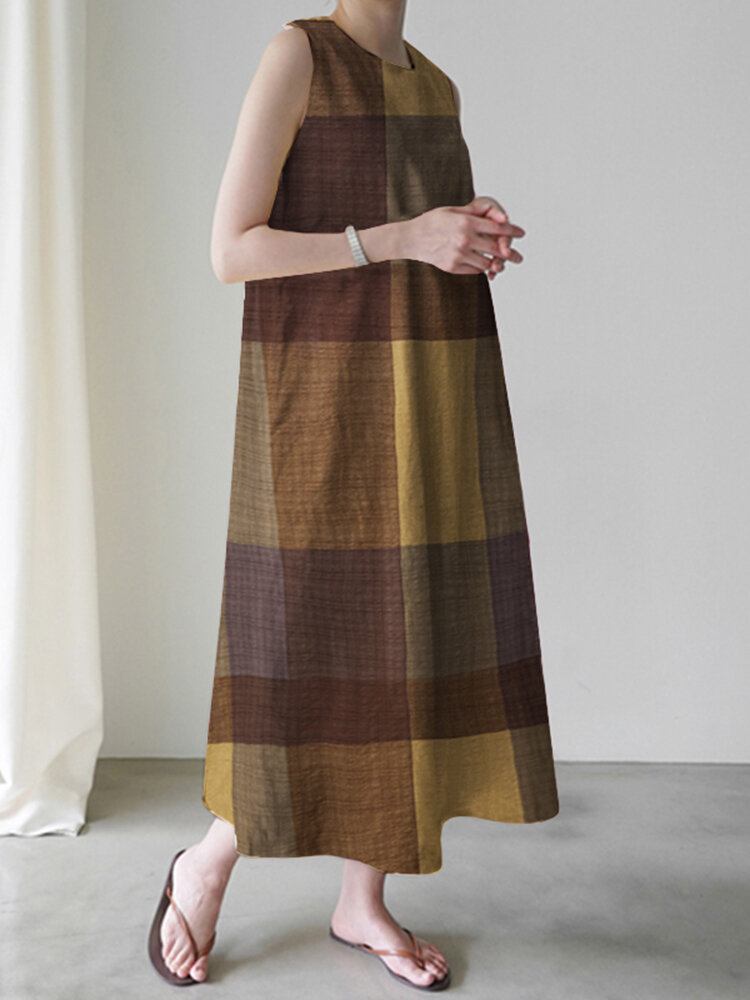 Casual Grid Printet Ærmeløs Vintage Side Pocket Maxi Kjole Til Kvinder