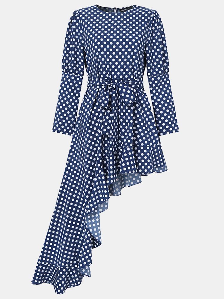 Dame Polka Dot Print Asymmetrisk Flæse Casual Langærmede Maxikjoler