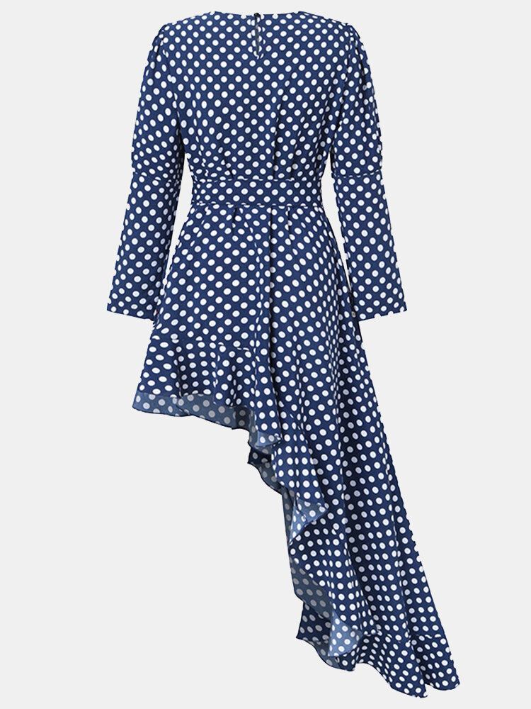 Dame Polka Dot Print Asymmetrisk Flæse Casual Langærmede Maxikjoler