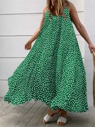 Ditsy Floral Print Justerbar Strap Løs Swing Maxi Kjole