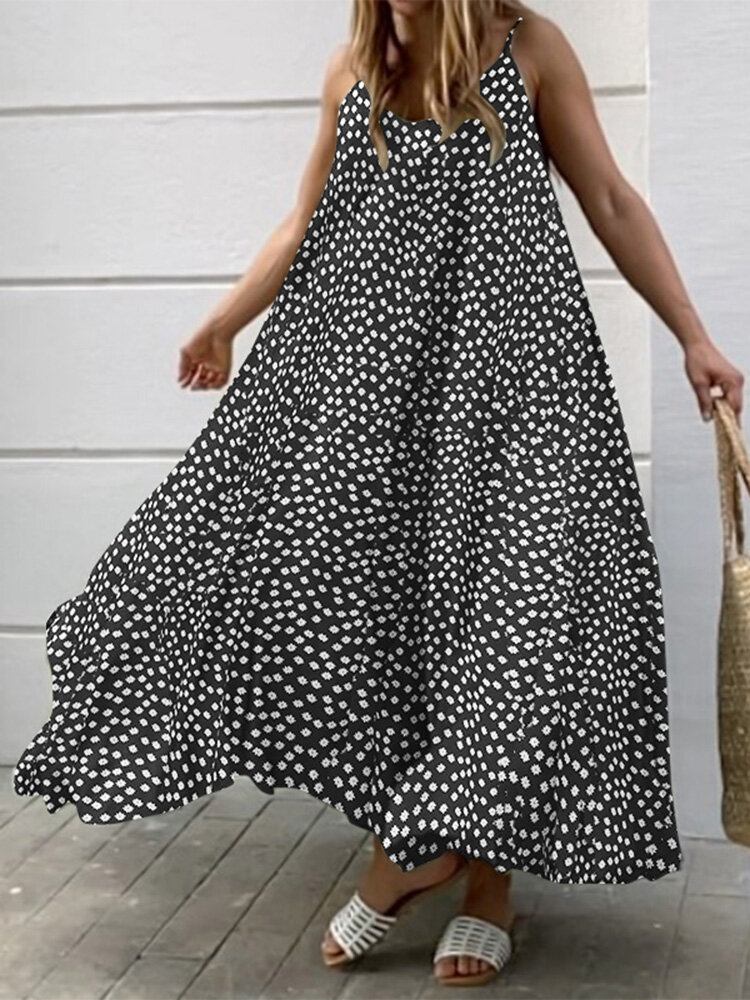 Ditsy Floral Print Justerbar Strap Løs Swing Maxi Kjole