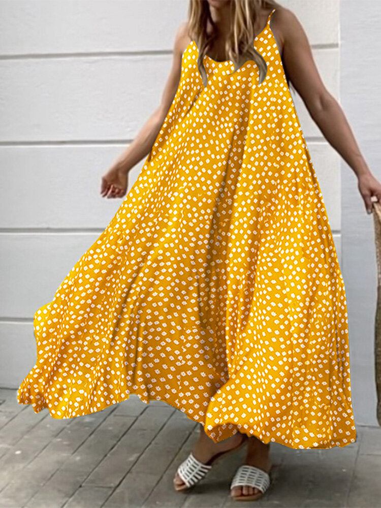 Ditsy Floral Print Justerbar Strap Løs Swing Maxi Kjole