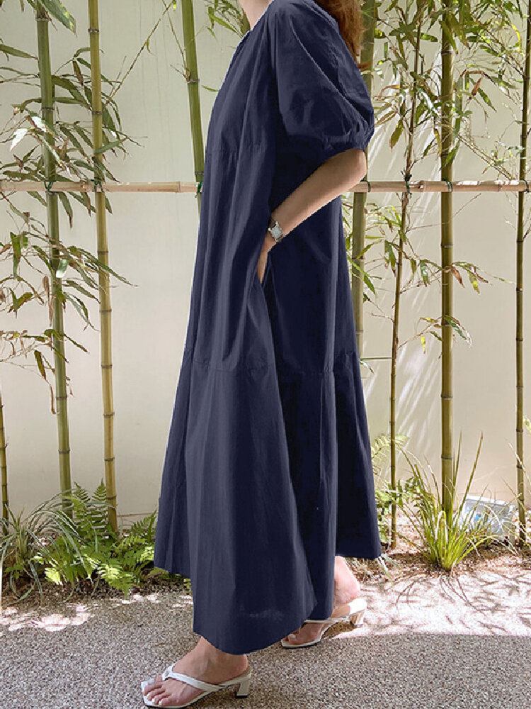 Ensfarvet O-udskæring Puff Sleeve Plain Casual Sidelomme Holiday Maxi Kjole