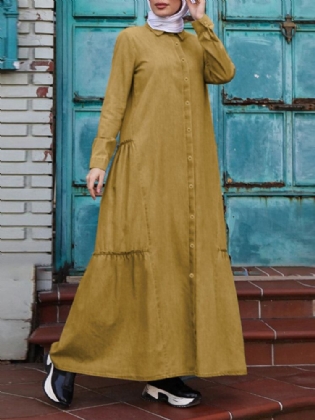 Ensfarvet Retro Button Up Revers Langærmet Casual Muslim Dress Abaya Kaftan Til Kvinder