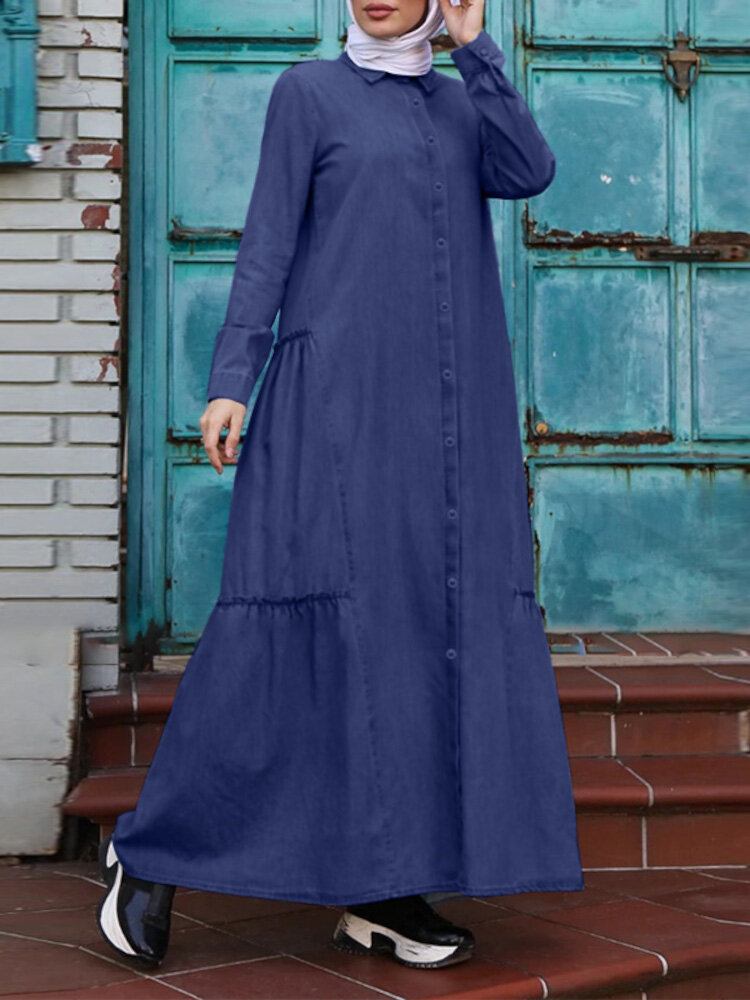 Ensfarvet Retro Button Up Revers Langærmet Casual Muslim Dress Abaya Kaftan Til Kvinder