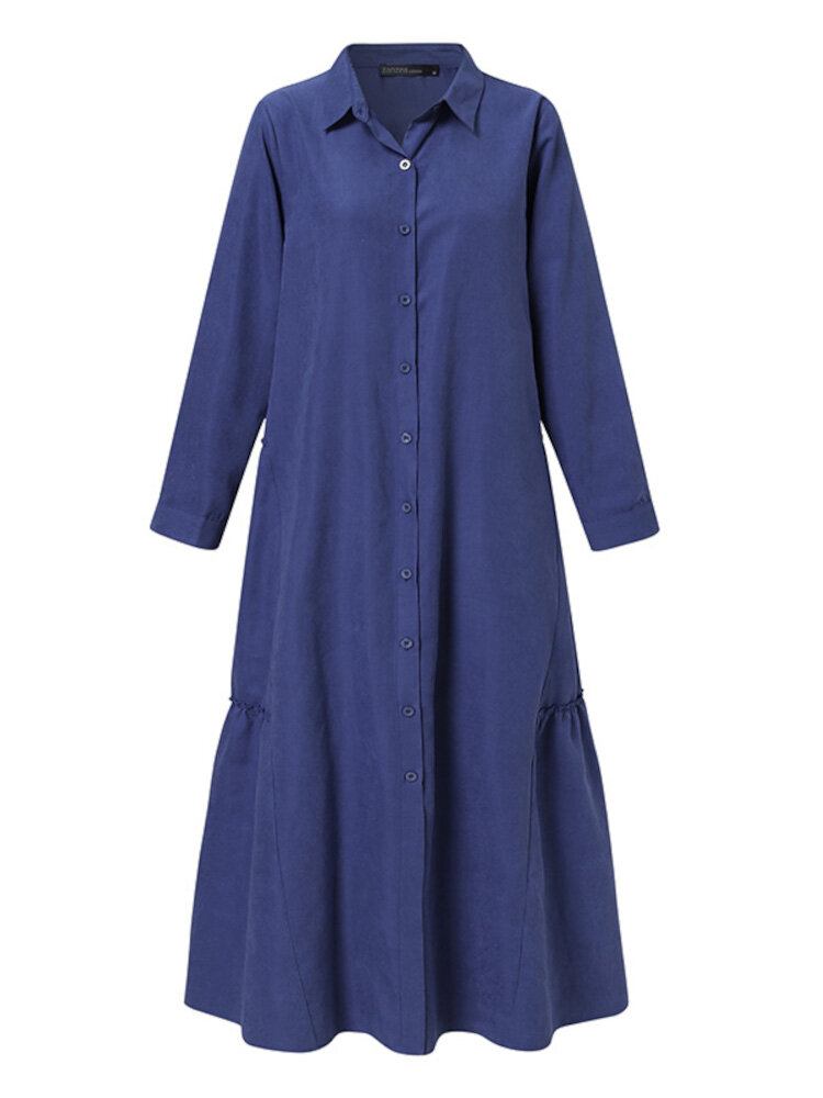 Ensfarvet Retro Button Up Revers Langærmet Casual Muslim Dress Abaya Kaftan Til Kvinder