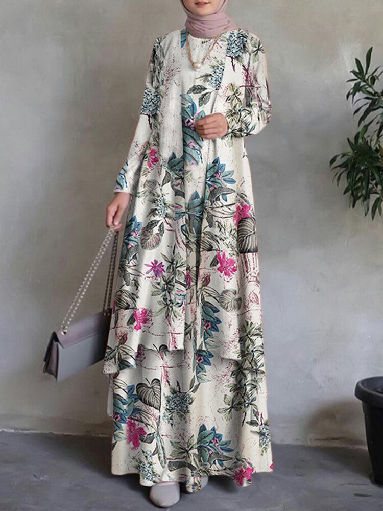 Kvinder 100% Bomuld Abaya Kaftan Bohemian Dobbeltlags Design Floral Leisure Maxikjole