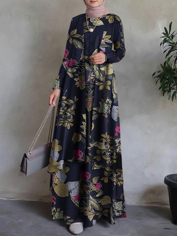 Kvinder 100% Bomuld Abaya Kaftan Bohemian Dobbeltlags Design Floral Leisure Maxikjole