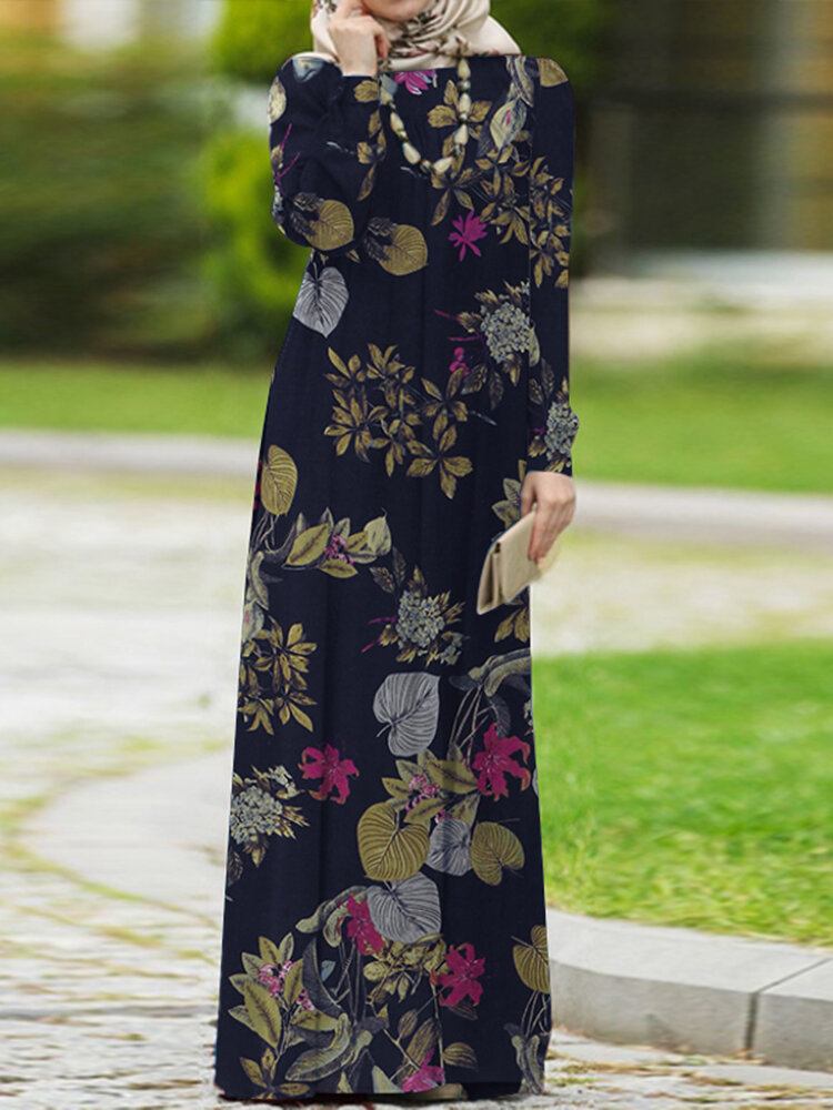 Kvinder 100% Bomuld Pufærmet Abaya Kaftan Tiered Leisure Floral Retro Dress