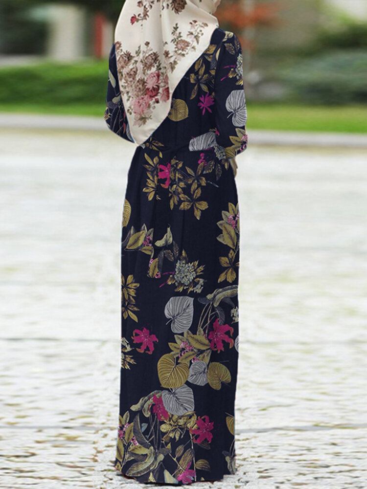 Kvinder 100% Bomuld Pufærmet Abaya Kaftan Tiered Leisure Floral Retro Dress