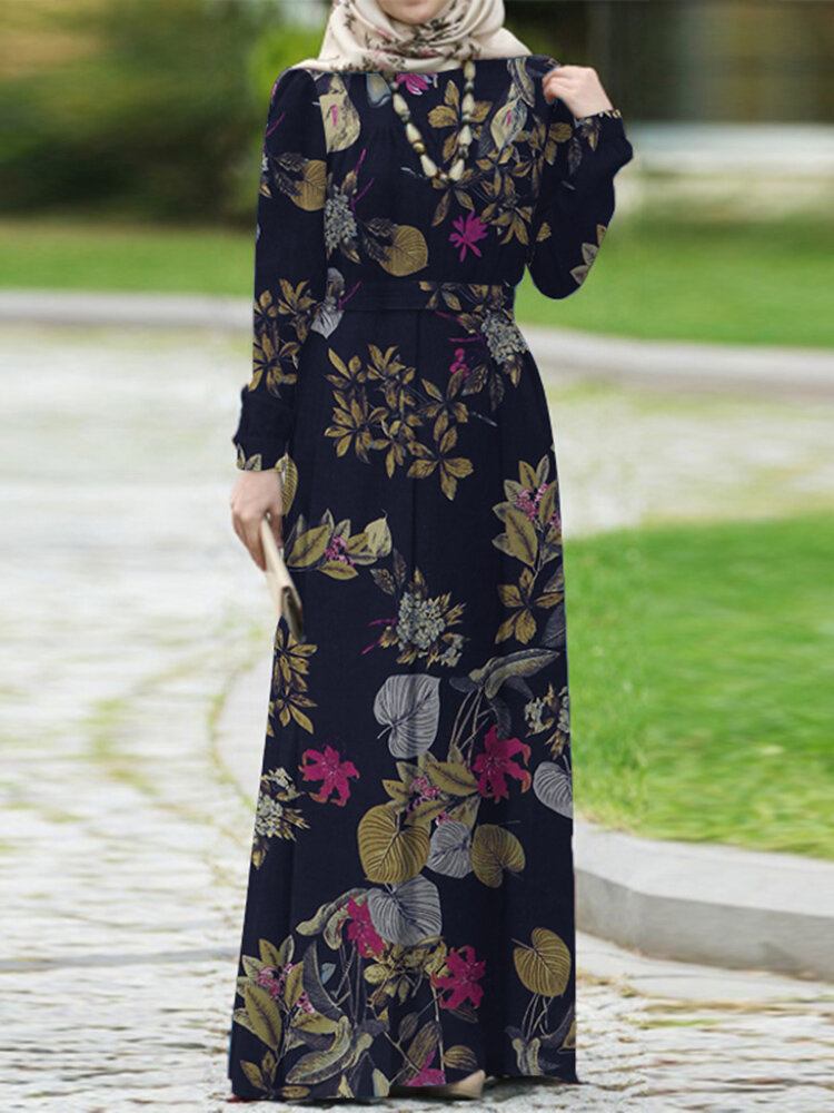 Kvinder 100% Bomuld Pufærmet Abaya Kaftan Tiered Leisure Floral Retro Dress