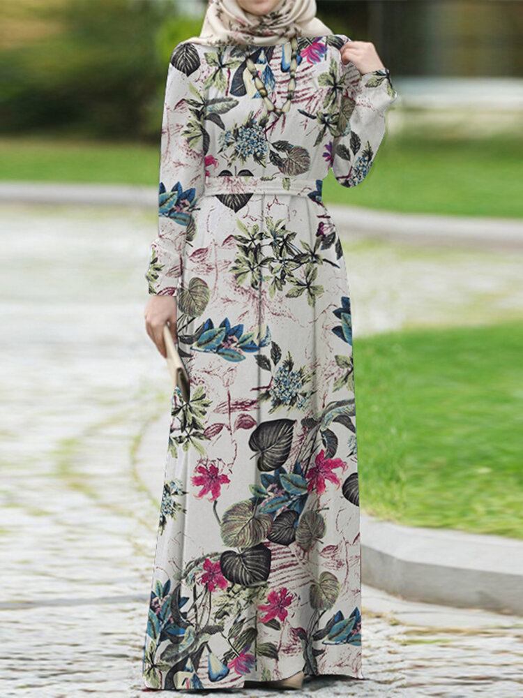 Kvinder 100% Bomuld Pufærmet Abaya Kaftan Tiered Leisure Floral Retro Dress