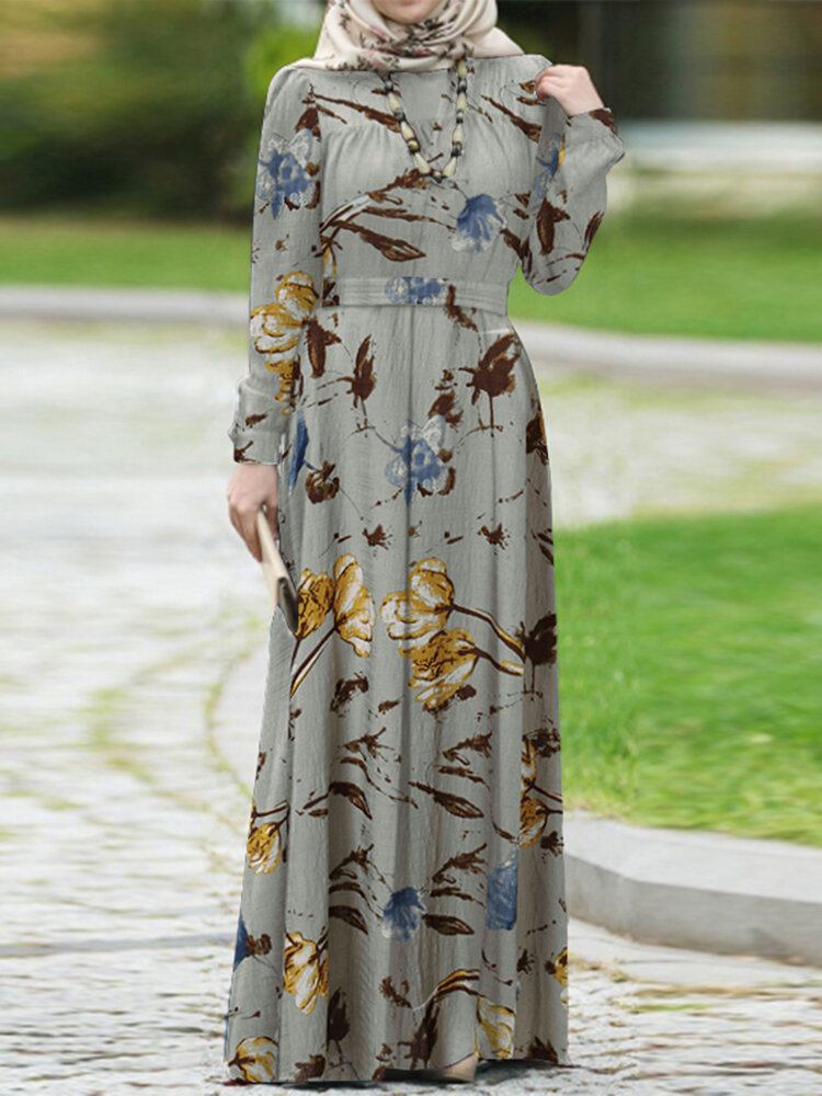 Kvinder Abaya Kaftan Pufærmer Tiered Retro Leisure Floral Ankellang Kjole