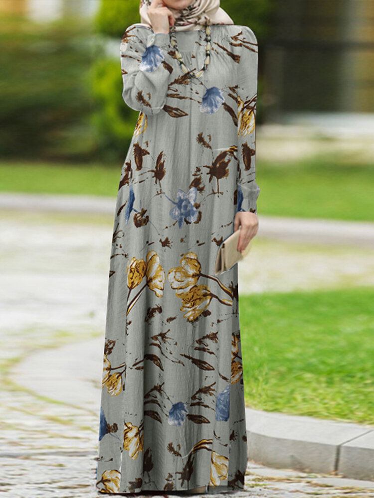 Kvinder Abaya Kaftan Pufærmer Tiered Retro Leisure Floral Ankellang Kjole