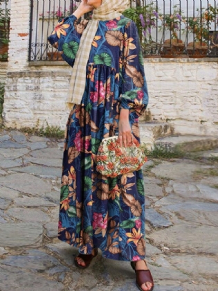 Kvinder Abaya Kaftan Puff Sleeve Floral Bohemian Ankellang Kjole