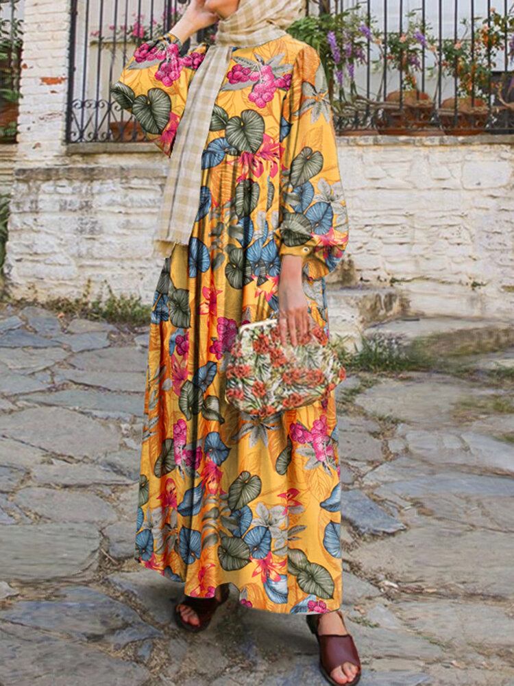 Kvinder Abaya Kaftan Puff Sleeve Floral Bohemian Ankellang Kjole