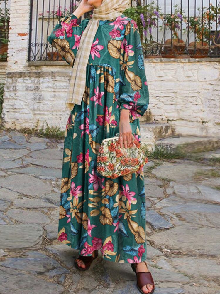 Kvinder Abaya Kaftan Puff Sleeve Floral Bohemian Ankellang Kjole