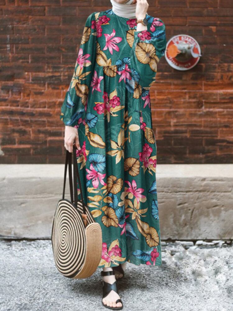 Kvinder Abaya Kaftan Puff Sleeve Floral Bohemian Ankellang Kjole