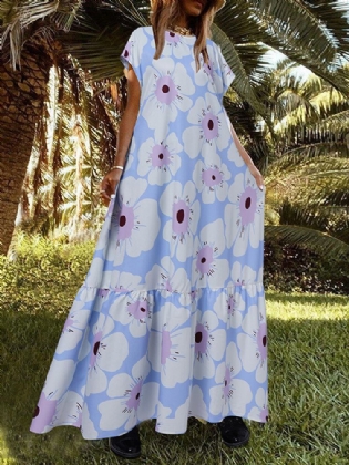 Kvinder Allover Blomster Udskrivning O-hals Kortærmet Big Swing Casual Layered Dress