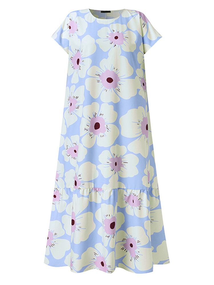 Kvinder Allover Blomster Udskrivning O-hals Kortærmet Big Swing Casual Layered Dress