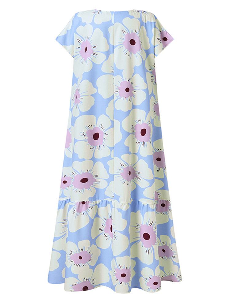 Kvinder Allover Blomster Udskrivning O-hals Kortærmet Big Swing Casual Layered Dress