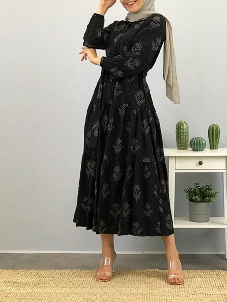 Kvinder Blomsterprint Lapel Puff Sleeve Kaftan Maxi Kjole Med Bælte