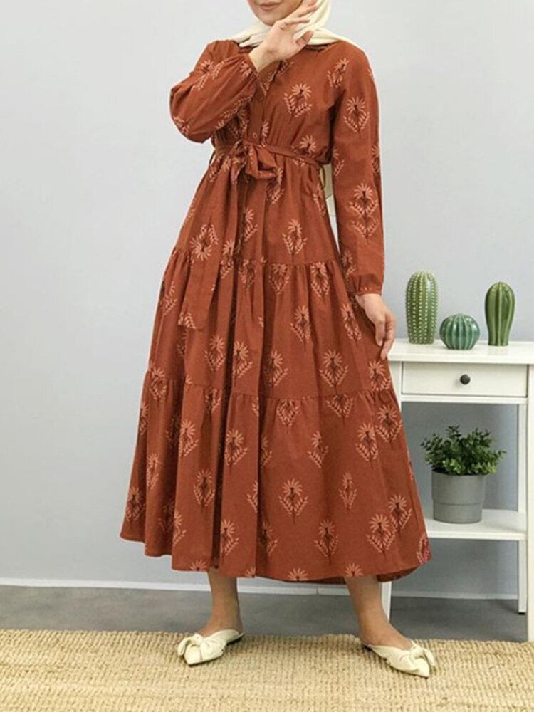 Kvinder Blomsterprint Lapel Puff Sleeve Kaftan Maxi Kjole Med Bælte