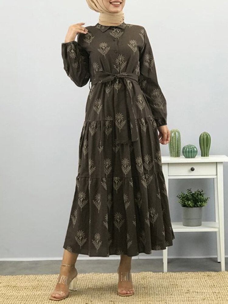 Kvinder Blomsterprint Lapel Puff Sleeve Kaftan Maxi Kjole Med Bælte