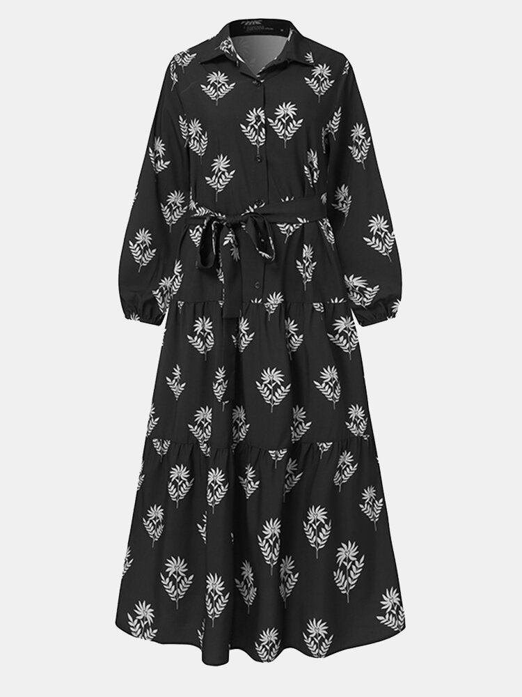 Kvinder Blomsterprint Lapel Puff Sleeve Kaftan Maxi Kjole Med Bælte