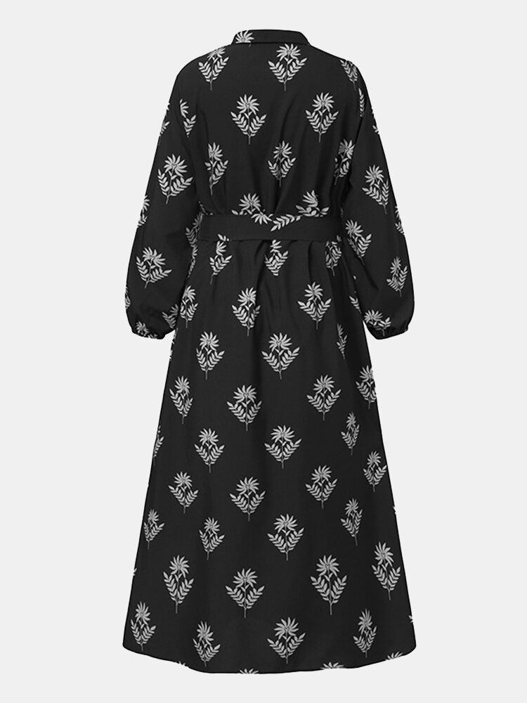 Kvinder Blomsterprint Lapel Puff Sleeve Kaftan Maxi Kjole Med Bælte