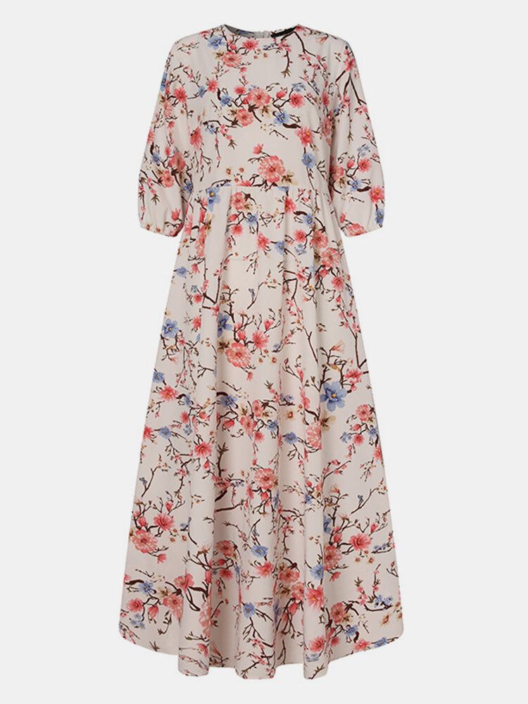 Kvinder Bohemia Blomsterprint O-hals Casual Halværmede Holiday Maxi Kjoler