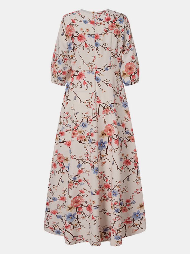 Kvinder Bohemia Blomsterprint O-hals Casual Halværmede Holiday Maxi Kjoler