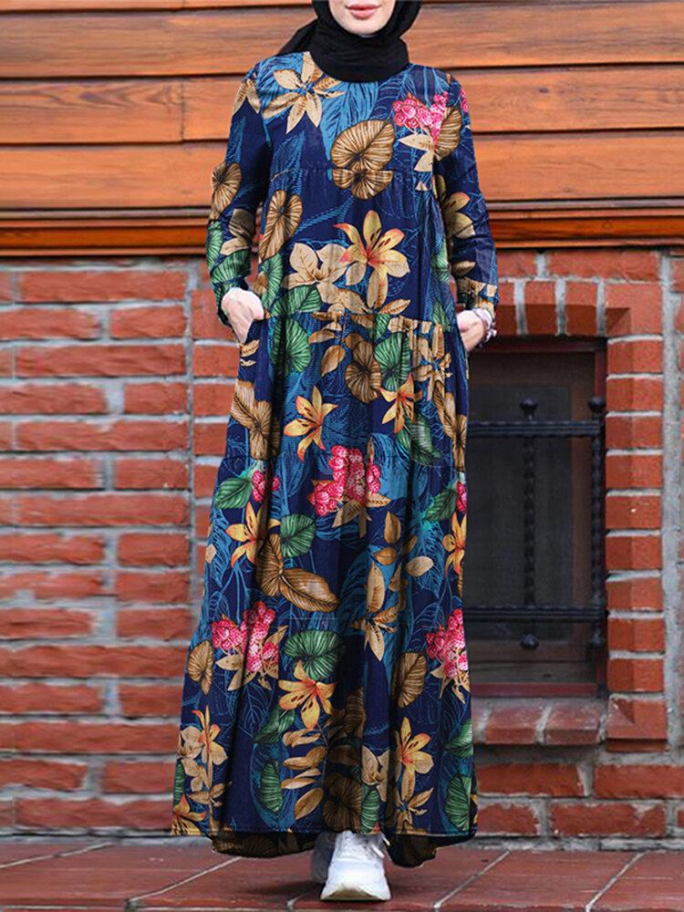 Kvinder Casual Robe Kaftan Floral Løs Langærmet Outing Dress Med Sidelommer